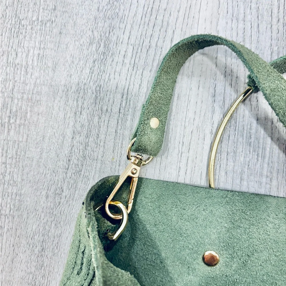 Tribe Alive Suede Olive Green Crossbody Bag with Gold Handles - Picture 6 of 8
